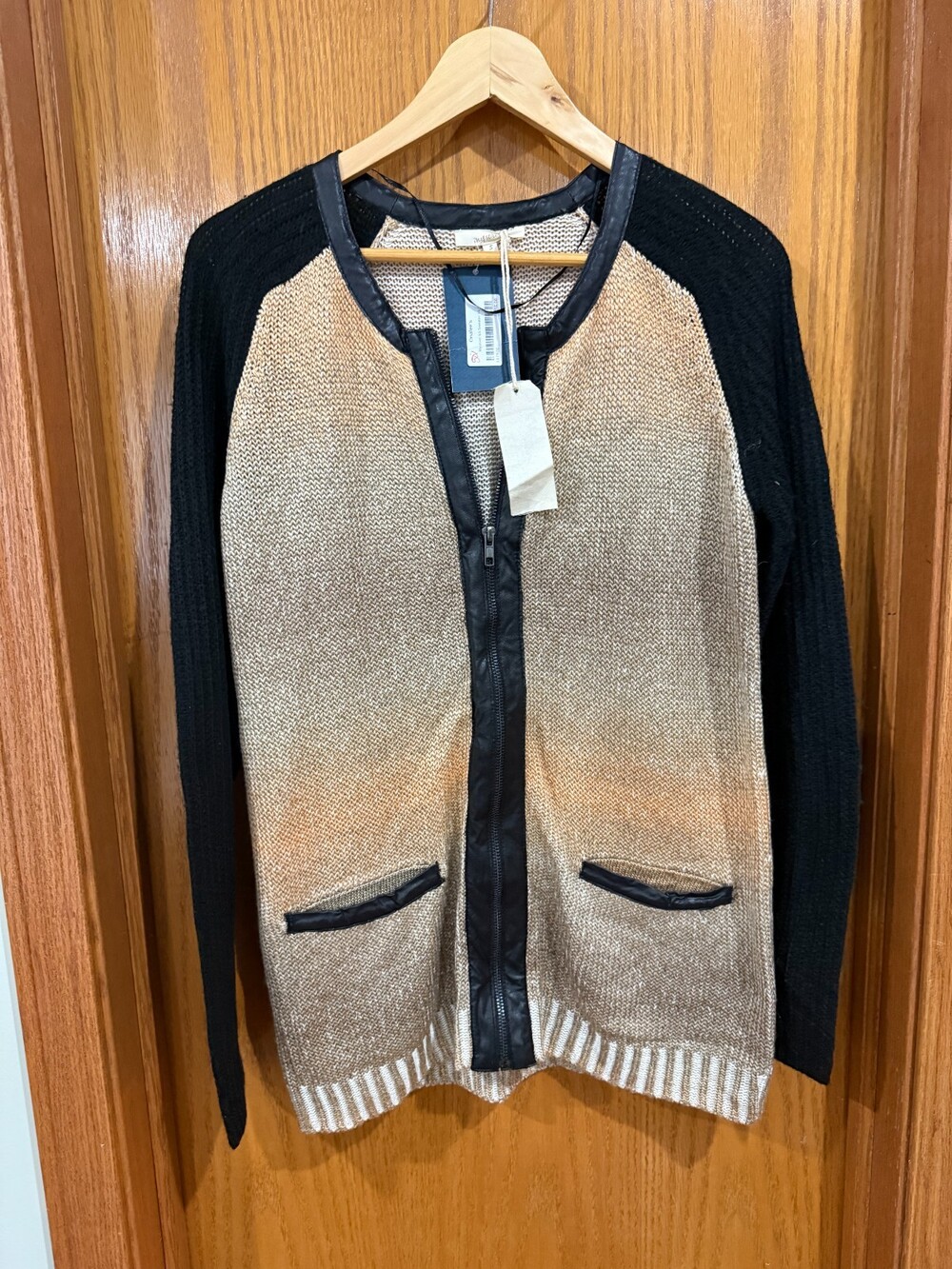 Mystree Faux Leather Trim Cardigan Full Zip Small